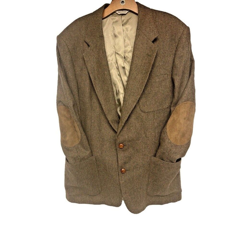 Men's 46 R/S Brown 100% Wool Tweed Sport Coat Suede Elbows USA Hasting & Smith